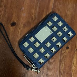 Michael Kors Dark Blue Leather Wristlet With Gold Stud Details